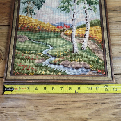 Vintage Cross Stitch Embroidery Old Country Little Church In The Woods Framed