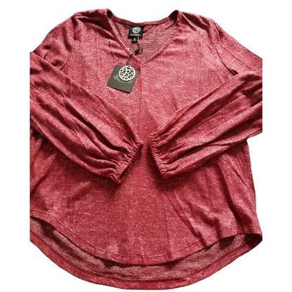 Bobeau Marled Babydoll V-Neck Pullover Top Size Medium in Windsor Wine NWT