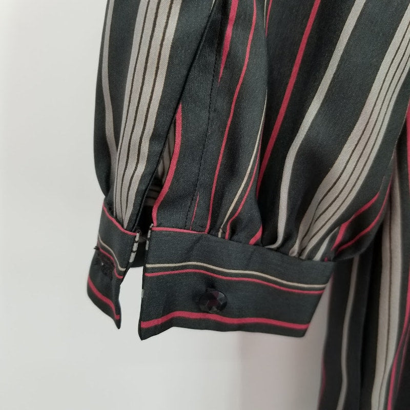 Vintage Long Sleeve Black Striped Elastic Waist Pockets Shirt Dress Modesty