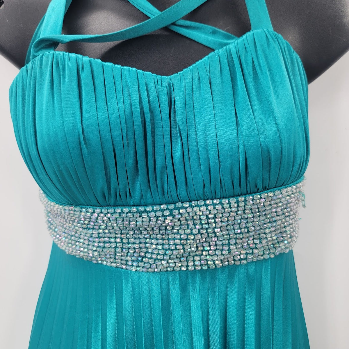 Vintage Teal Sequin Hearts Small Gown Damaged Dress Up Ruched Empire Maxi Blue