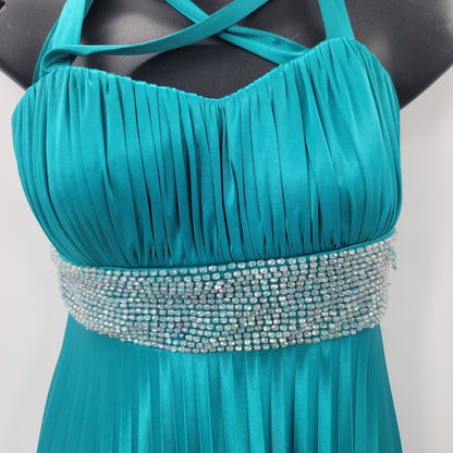 Vintage Teal Sequin Hearts Small Gown Damaged Dress Up Ruched Empire Maxi Blue