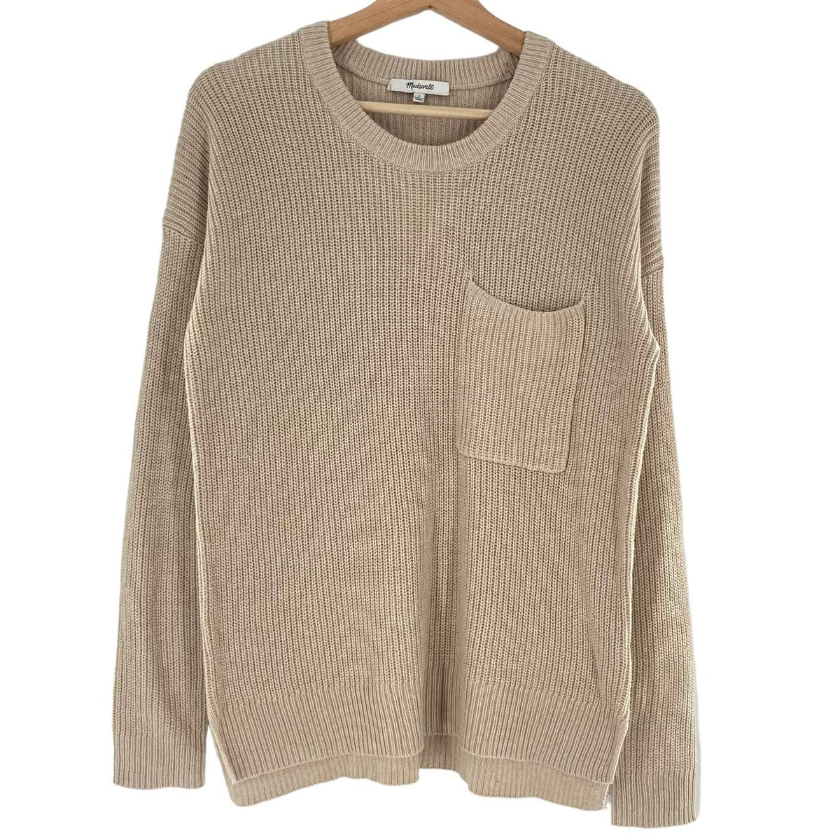 Madewell Thompson Pocket Pullover Sweater Medium Heather Fawn NEW Crew High Low