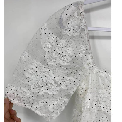 NSR Blouse Extra Large/XL White Black Polka Dot NEW Lace Puff Shoulder Crop Top
