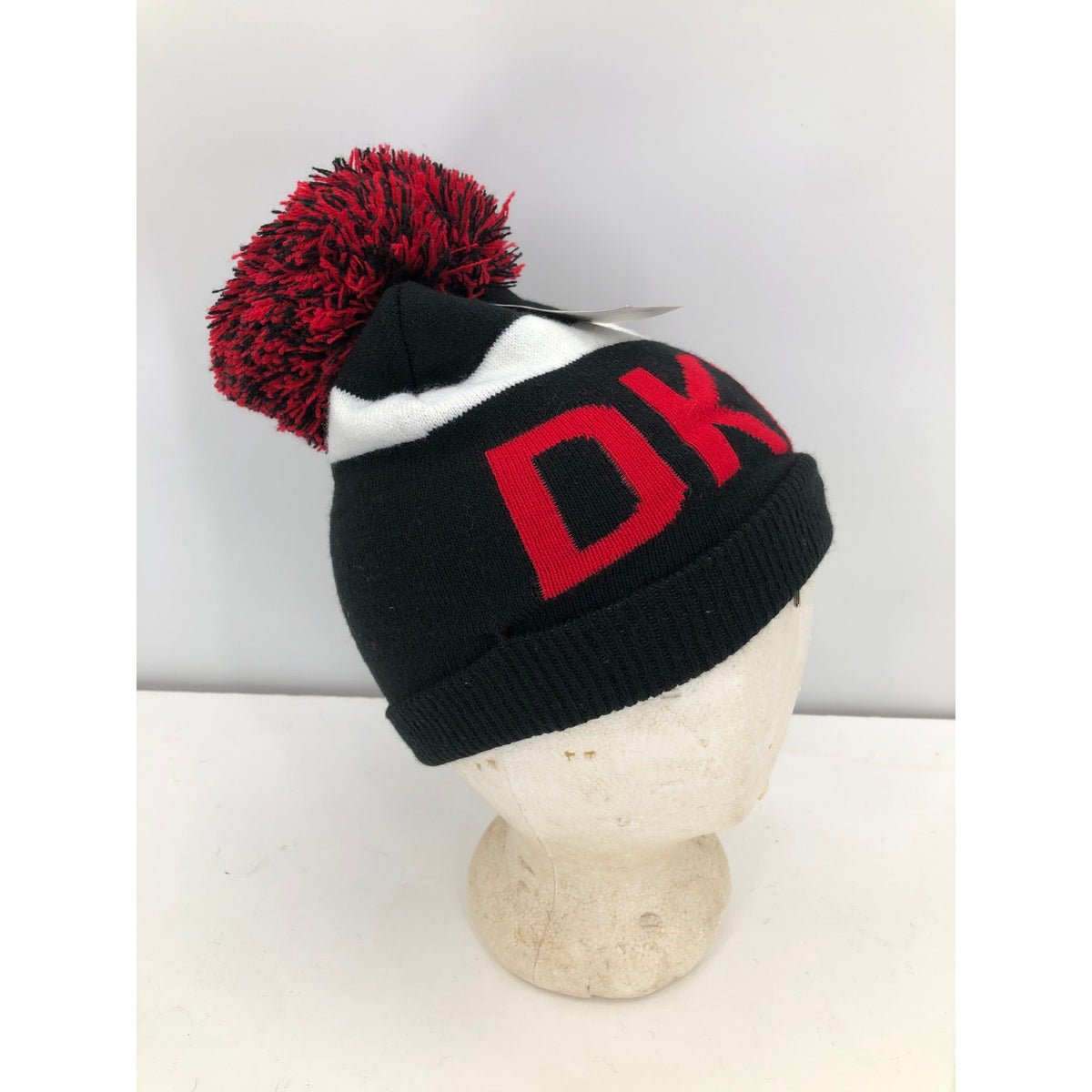 DKNY Women's Logo Stadium Beanie With PomPom Red/black hat Warmer