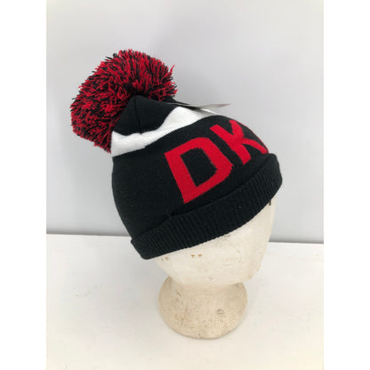 DKNY Women's Logo Stadium Beanie With PomPom Red/black hat Warmer
