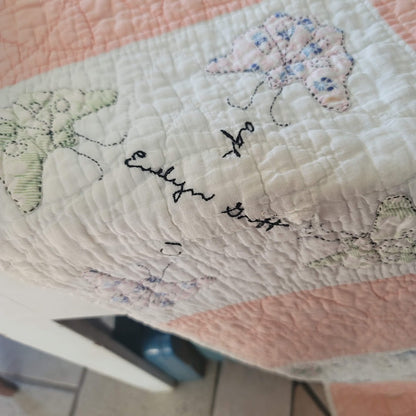 Handmade Pink White Quilt Full Queen Butterfly Stitched Names Community 80x66