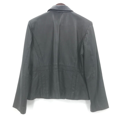 KC Collections Front 3 Button Black Leather Jacket Long Sleeves Black Large