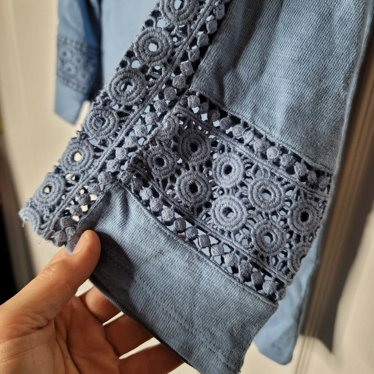 Charter Club Crochet-Inset Top Blouse 3/4-Sleeves Crew Neck Blue Size X-Small