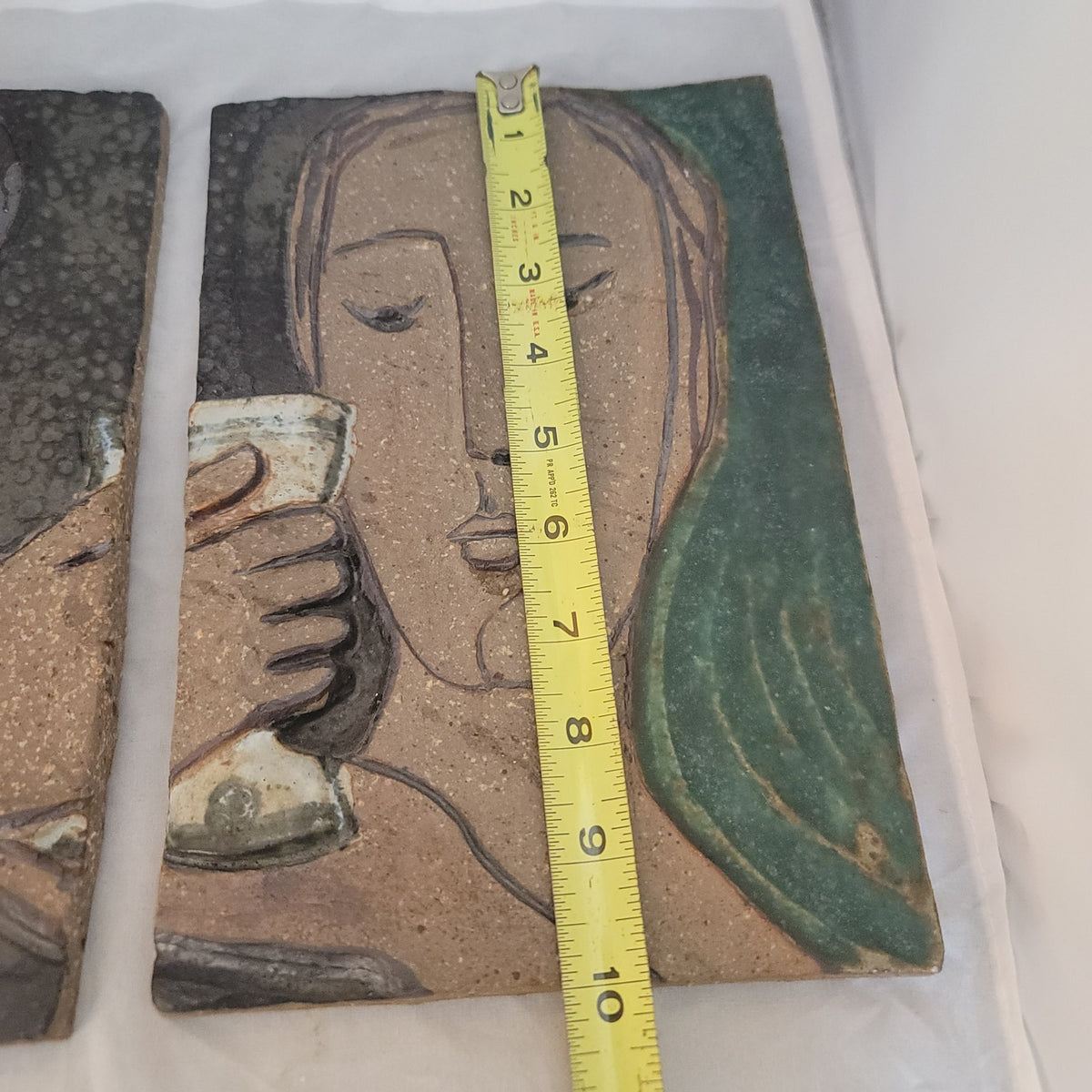 Art Pottery Glaze Couple pair Clay Relief Wall Tile Plaques Male female toasting