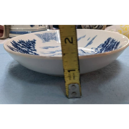 Vintage Japanese Sometsuke Shallow Bowl Farm House Field Design Blue on White