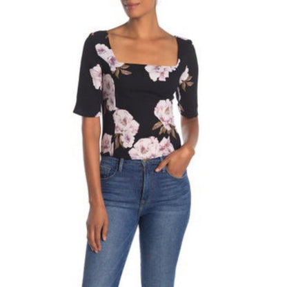 NWT Free Press Square Neck Elbow Sleeve Black Top Purple Floral Medium