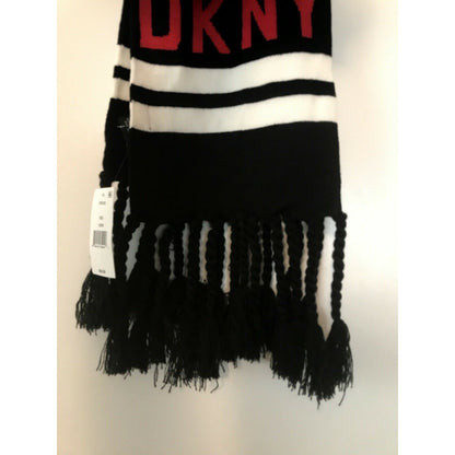 DKNY NEW Logo Stadium Scarf Tassel Fringe Black White Red Winter 68" x 8" WINTER