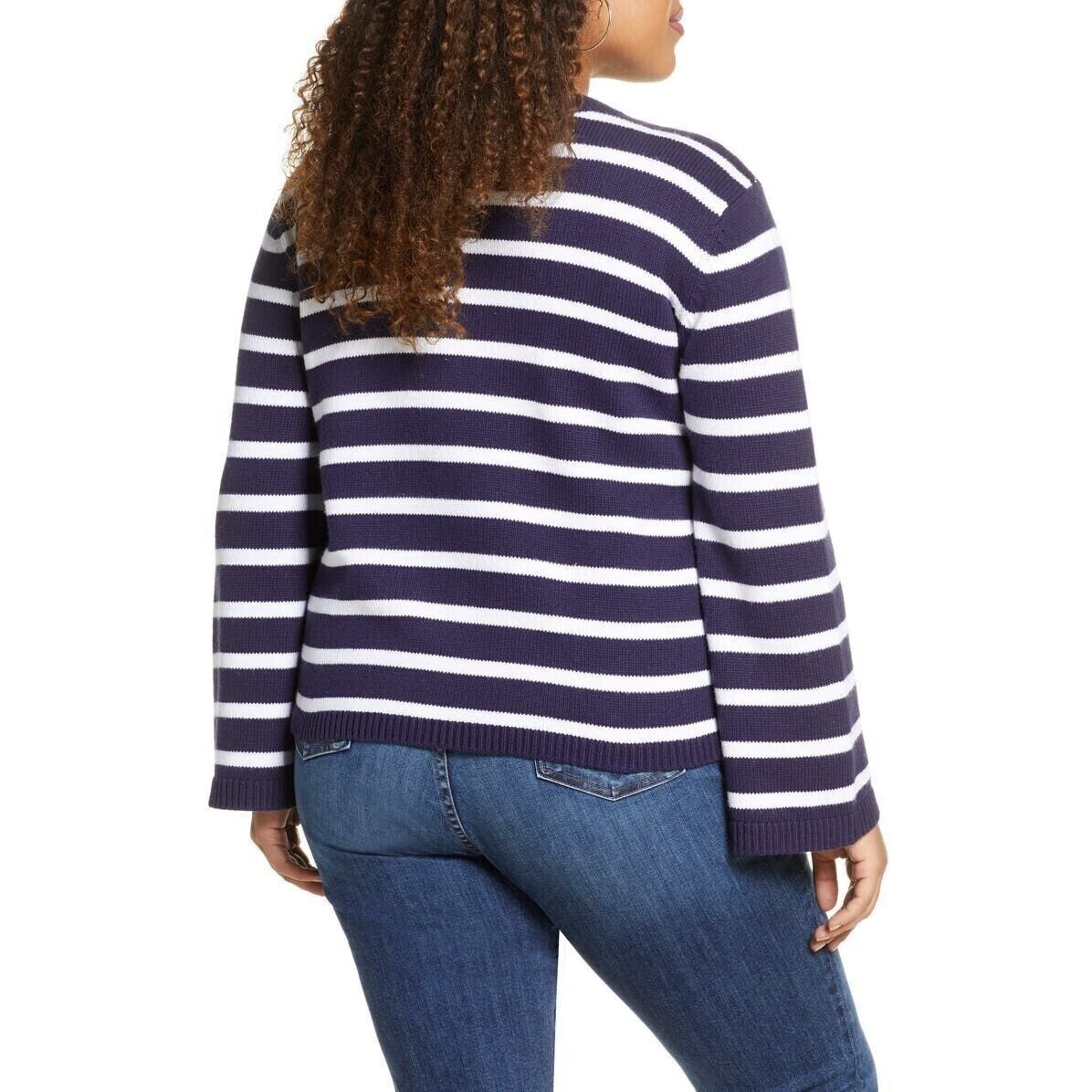 Halogen X Atlantic-Pacific Crew Sweater Sz Large Navy/White Cathy Stripes NWT