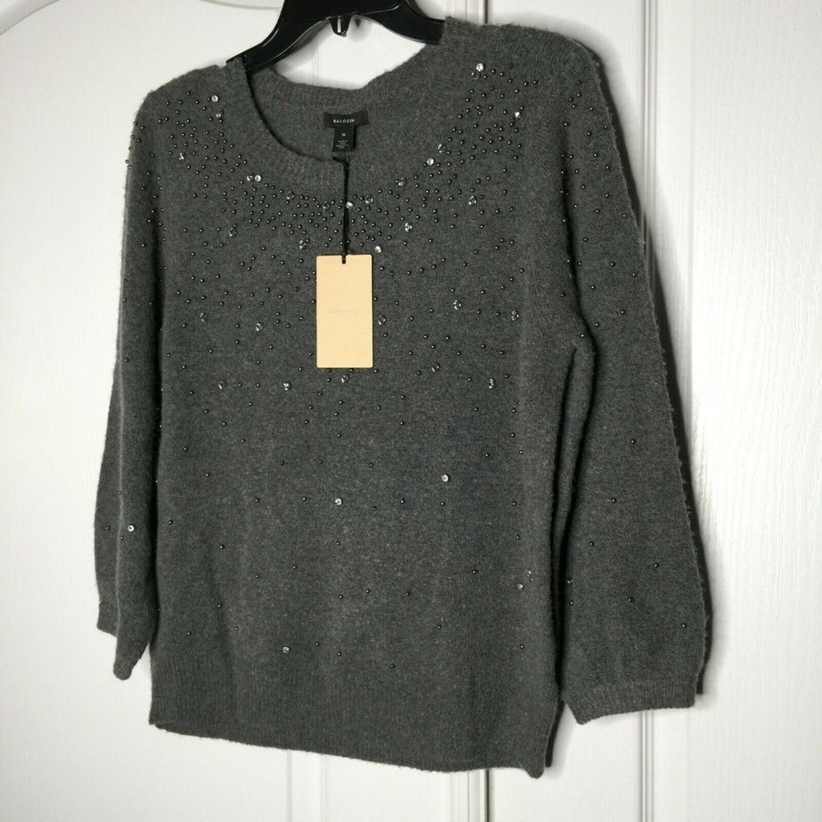 Halogen Pullover Sweater Rhinestone Lightweight Grey Medium Stretch NEW cozy