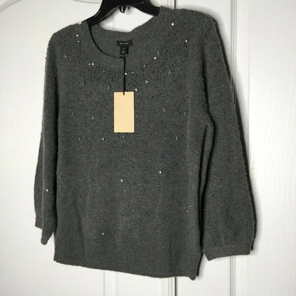 Halogen Pullover Sweater Rhinestone Lightweight Grey Medium Stretch NEW cozy