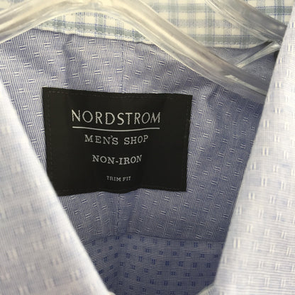 NORDSTROM  Neck 16" Trim Fit Non-Iron Dress Shirt blue White Subtle dot Med Wash