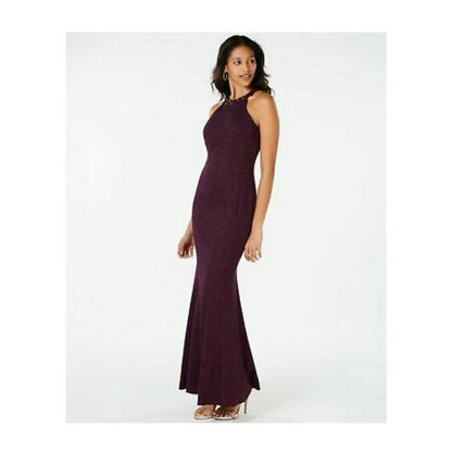 NW Nightway Women's Size 10 Mulberry Glitter-Knit Embellished Evening Gown $130