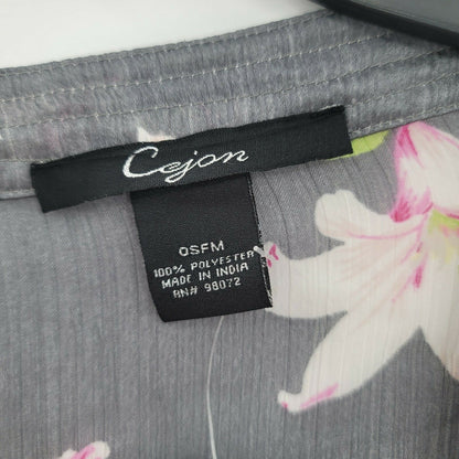 Cejon Floral Print Kimono Sleeve Cover-Up Tie at waist Gray One Size