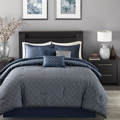 King Size Biloxi 7 Piece Comforter Set Blue Contemporary Madison Park MP10-3734
