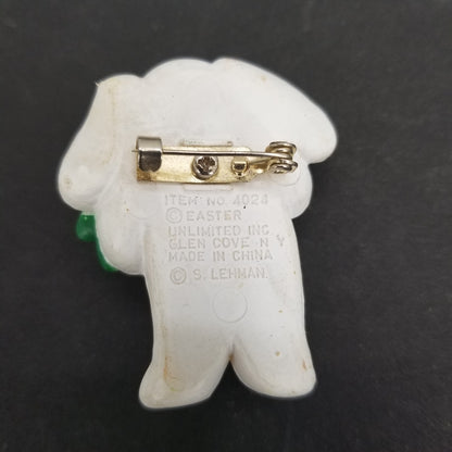 Vintage Easter Bunny with Bouquet White Pin Brooch Costume Jewelry