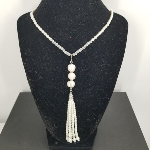 Vintage Faux pearl beaded Necklace with tassel costume jewelry
