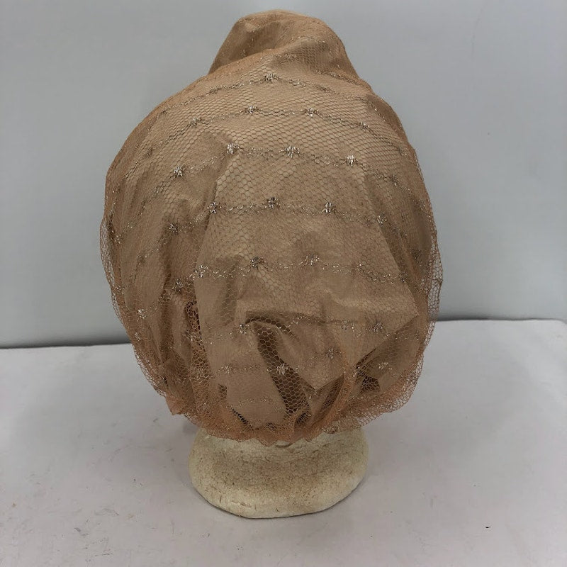 Vintage 1950's Hair Bonnet Vinyl w/ Metallic Mesh Overlay Neck Tie Curlers NUDE