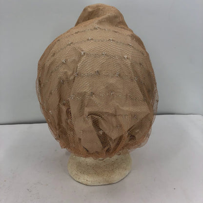 Vintage 1950's Hair Bonnet Vinyl w/ Metallic Mesh Overlay Neck Tie Curlers NUDE