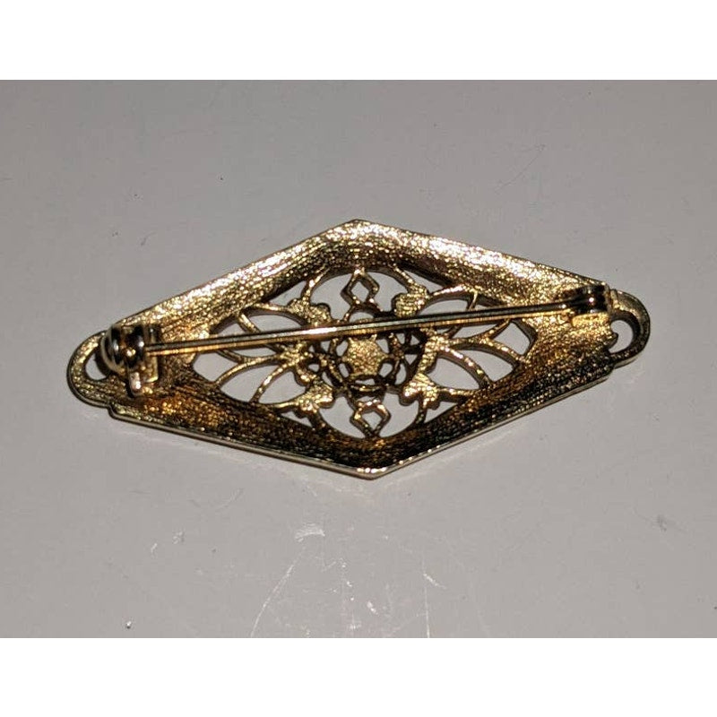 Vintage Gold Tone Floral Filigree Brooch Open Design Diamond Shape Pin