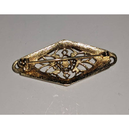 Vintage Gold Tone Floral Filigree Brooch Open Design Diamond Shape Pin