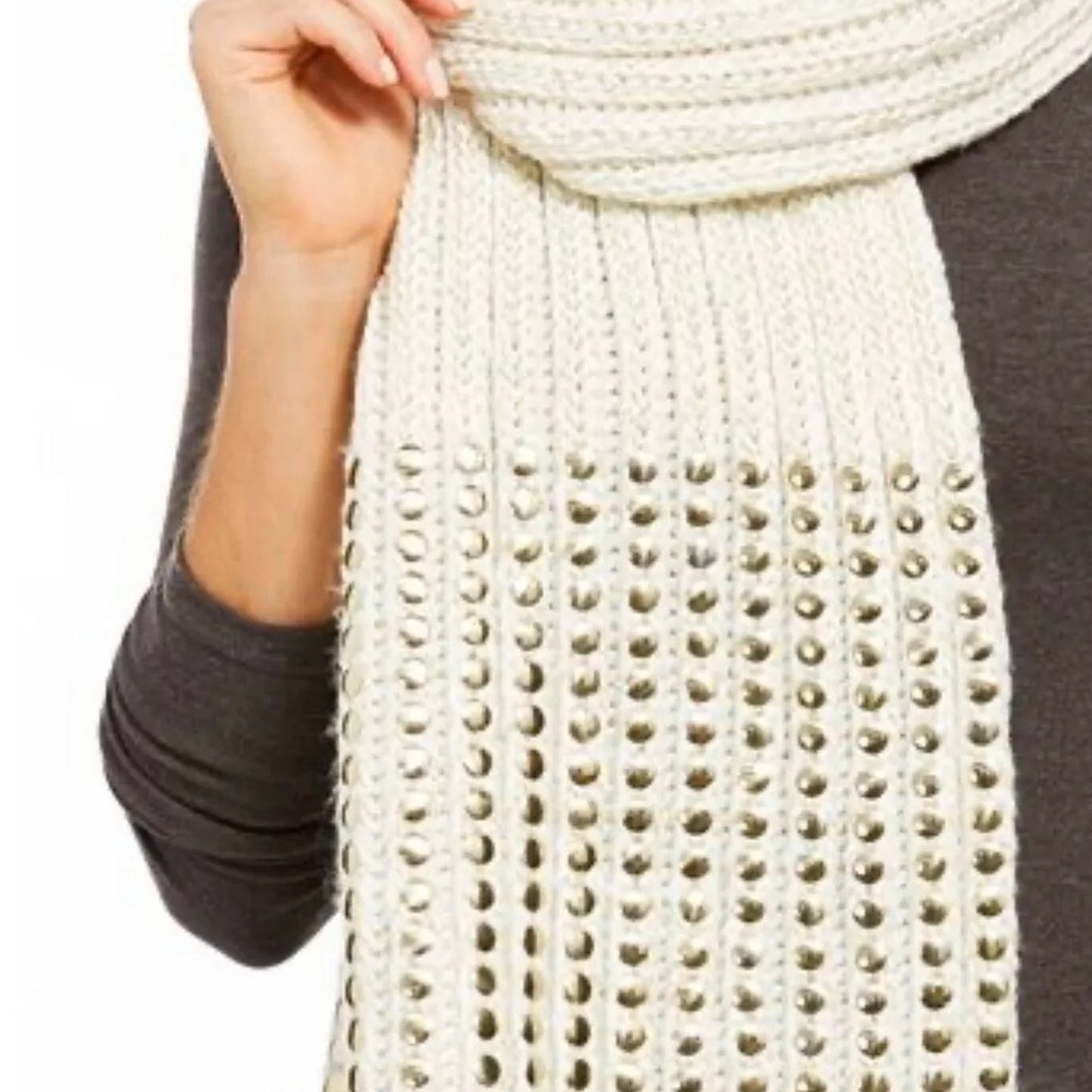 DKNY NEW Chunky Knit Scarf White and Gold Metallic Gold flat studs Crochet Yarn