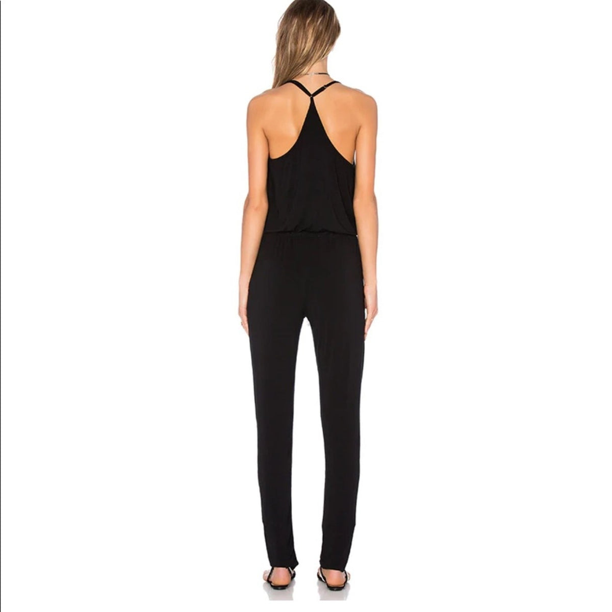 Three-Quarter Length Sleeve Waist Tie Jumpsuit Nina Leonard Black NEW Skinny
