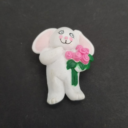 Vintage Easter Bunny with Bouquet White Pin Brooch Costume Jewelry