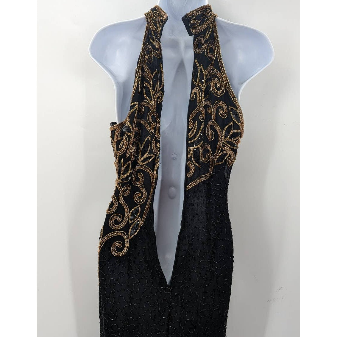 Michael Angelo Beaded Dress Black Gold Silk Sequin Gown Halter Sleeveless Small