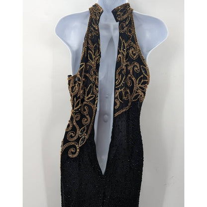 Michael Angelo Beaded Dress Black Gold Silk Sequin Gown Halter Sleeveless Small