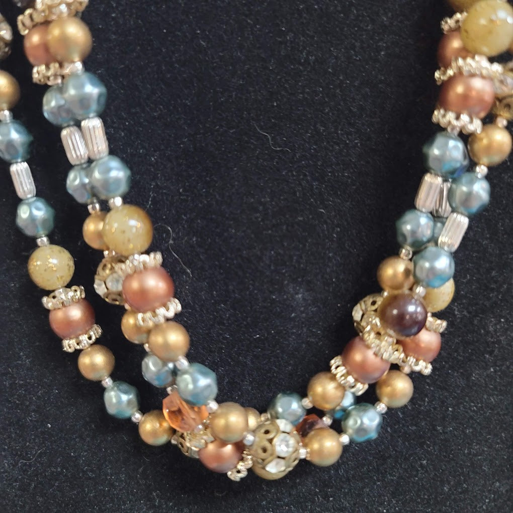 Vintage Costume Jewelry Fashion Layered Beaded Necklace 3 Strand Blue Faux Pearl