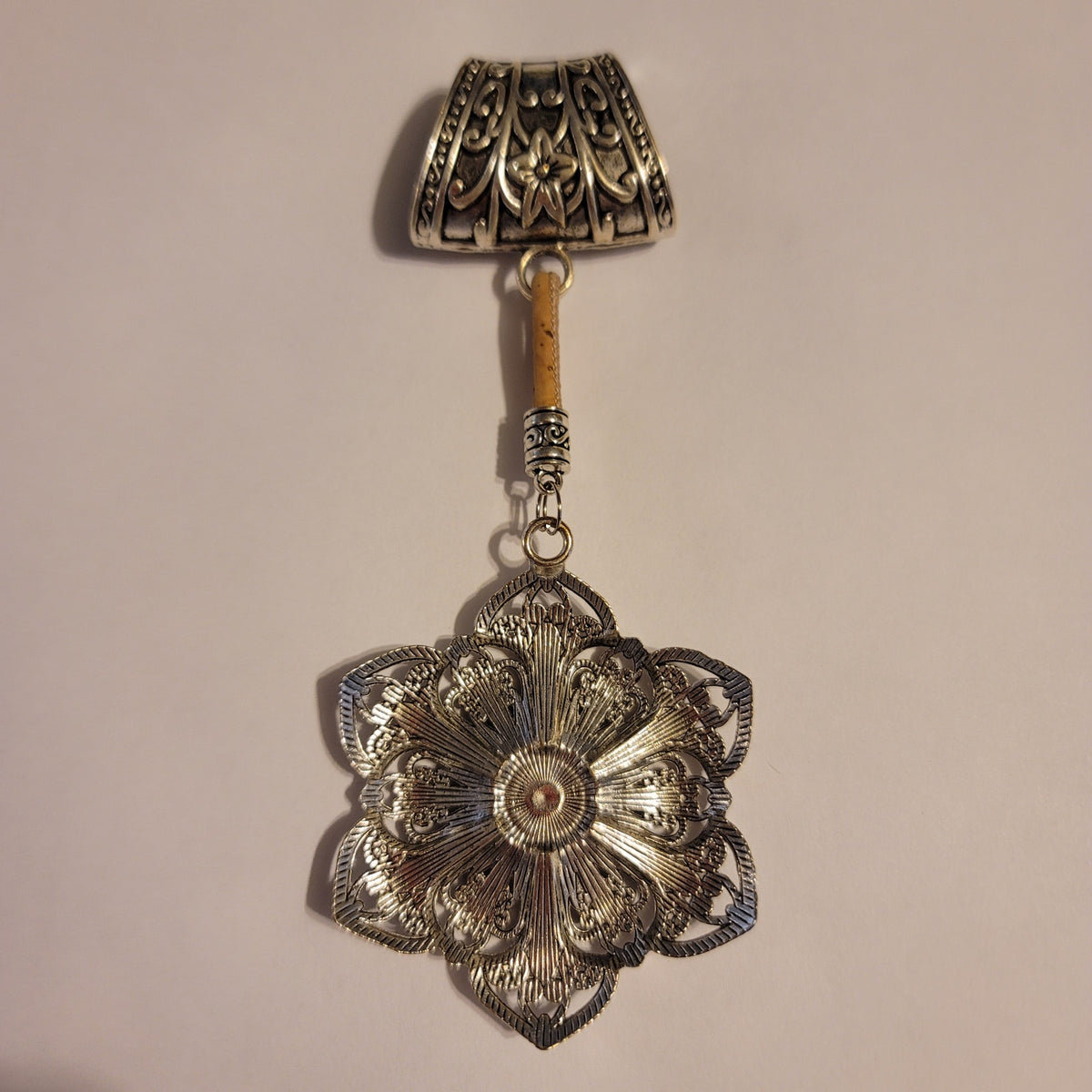 NEW silvertone Black Aged Filigree Metal Scarf Purse Slide Cork Rope FLOWER