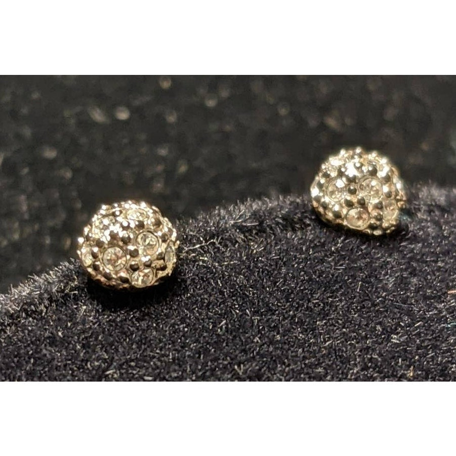 Monet Vintage Signed Disco Ball Post Earrings Silver Tone White Rhinestones