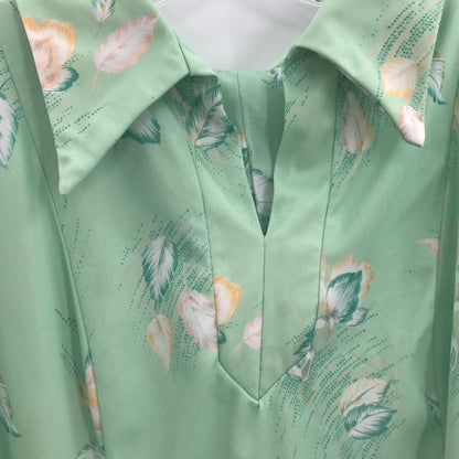 Vintage Green Floral Print Cap Sleeve Shift Dress Collared Neck Belted Waist
