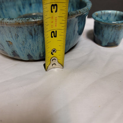 Vintage Blue Olive Serving Set Two Piece Ring Bowl with Sauce Cup Handmade