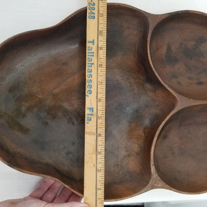 Large Vintage Monkey Pod Wood Leaf Shaped 3-Compartment Serving Tray Hawaiiana
