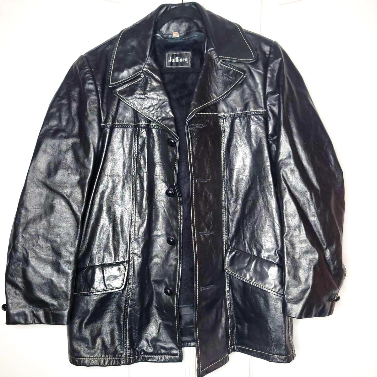 Juilliard Leather Vintage 1970 Lg. Lapel black white stitching Sz 38 Coat Jacket