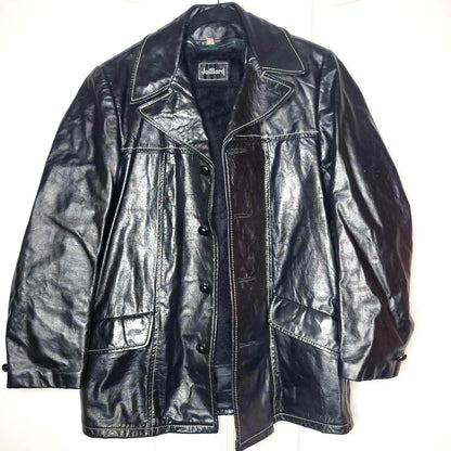 Juilliard Leather Vintage 1970 Lg. Lapel black white stitching Sz 38 Coat Jacket
