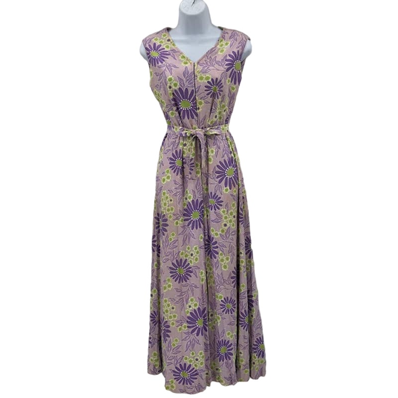 Vintage purple yellow floral Pantsuit Sleeveless Belted Polyester Funky 1960s