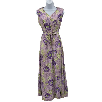 Vintage purple yellow floral Pantsuit Sleeveless Belted Polyester Funky 1960s