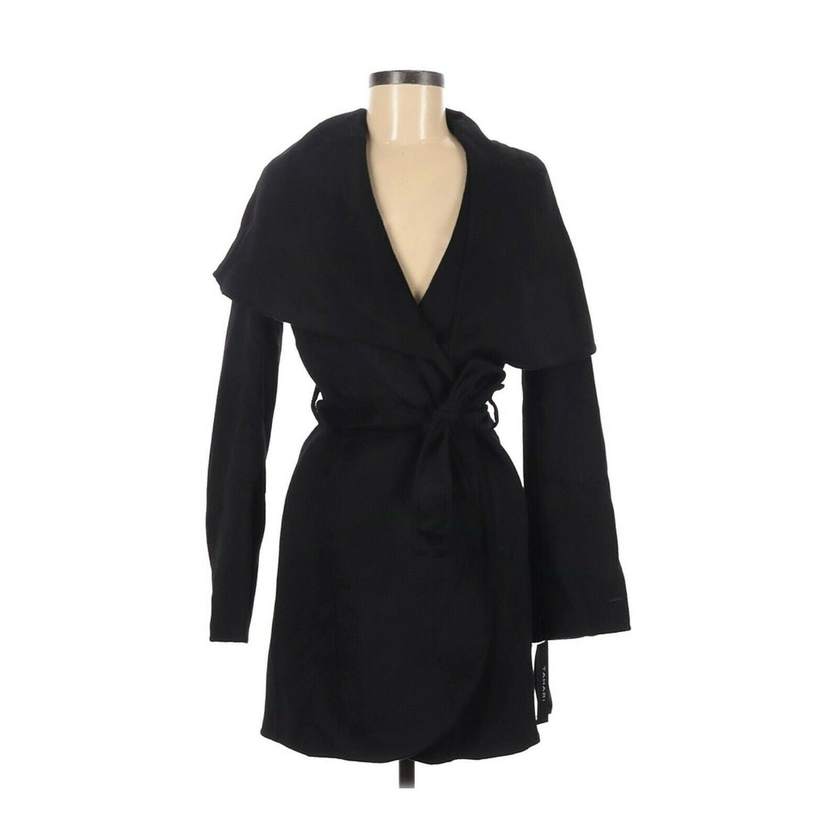 Tahari Double Face Wool Trench Coat Bow & Tie Black Size Small NWT Jacket