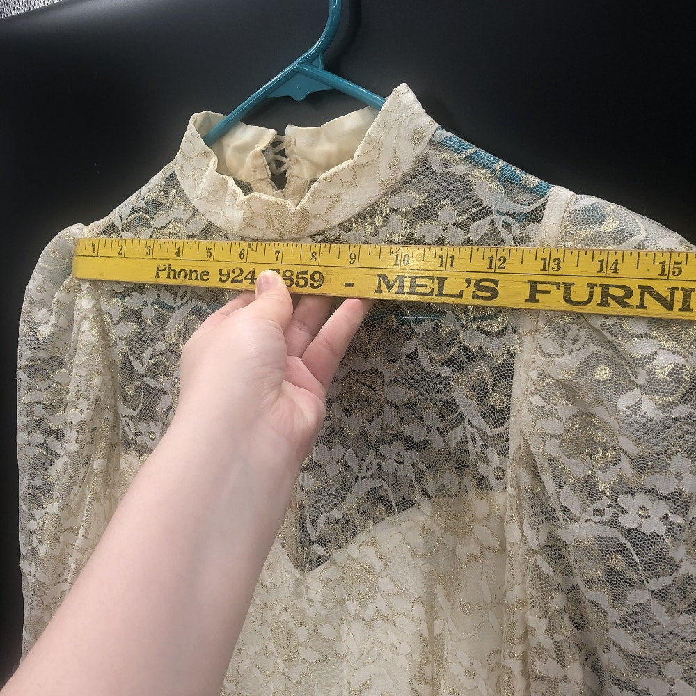 Vintage 80s Gold Lace Sheer Illusion High Neck Drop Waist Midi Dress Wedding