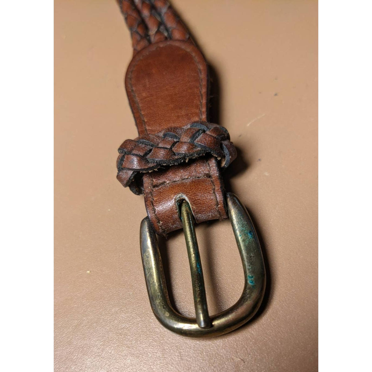 Vintage Three Strand Braided Genuine Leather Belt Solid Brass Buckle size 34"