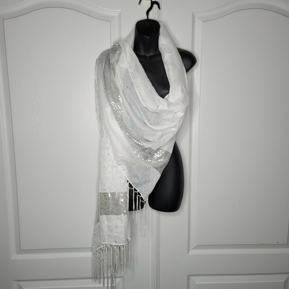 INC International Concepts Fringe Sequin Party Wrap Scarf Ivory One Size NWT