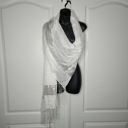 INC International Concepts Fringe Sequin Party Wrap Scarf Ivory One Size NWT