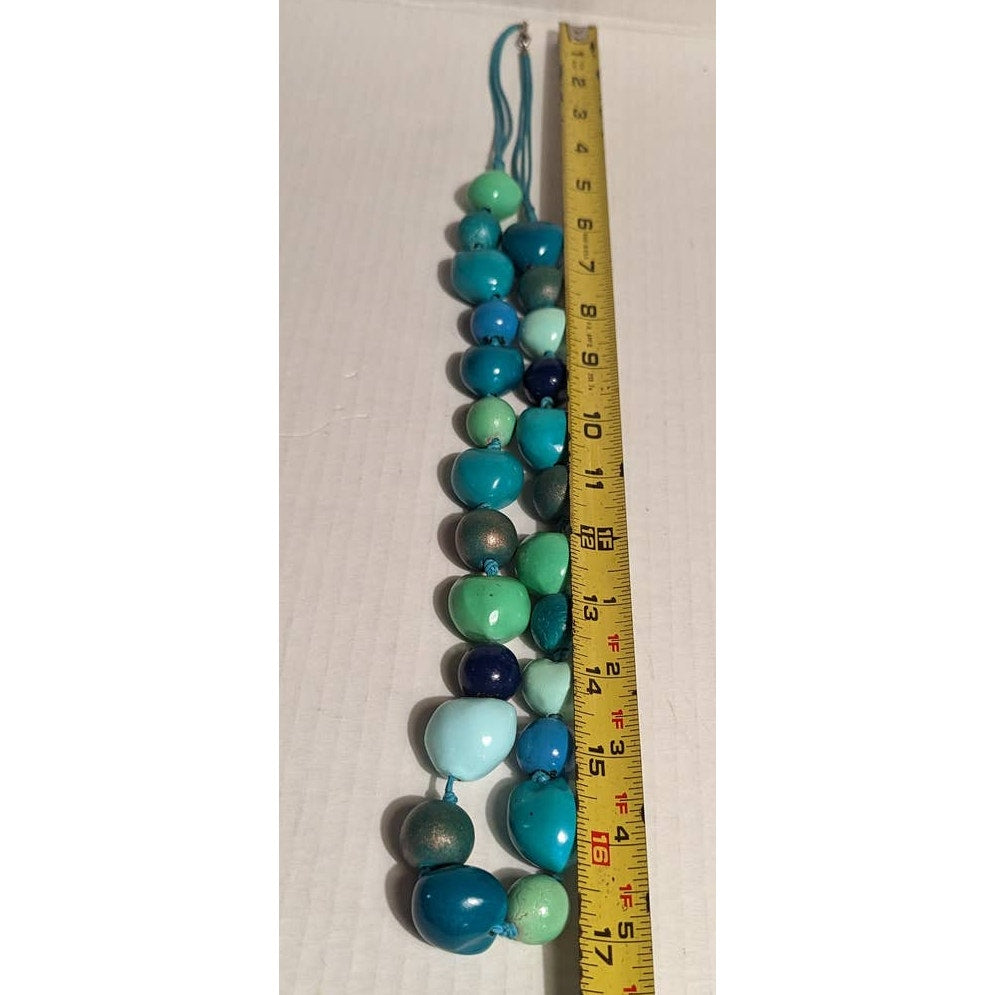 Vintage Costume Jewelry Wooden Nuts Seed Beaded Blue Green Chunky Necklace Faded